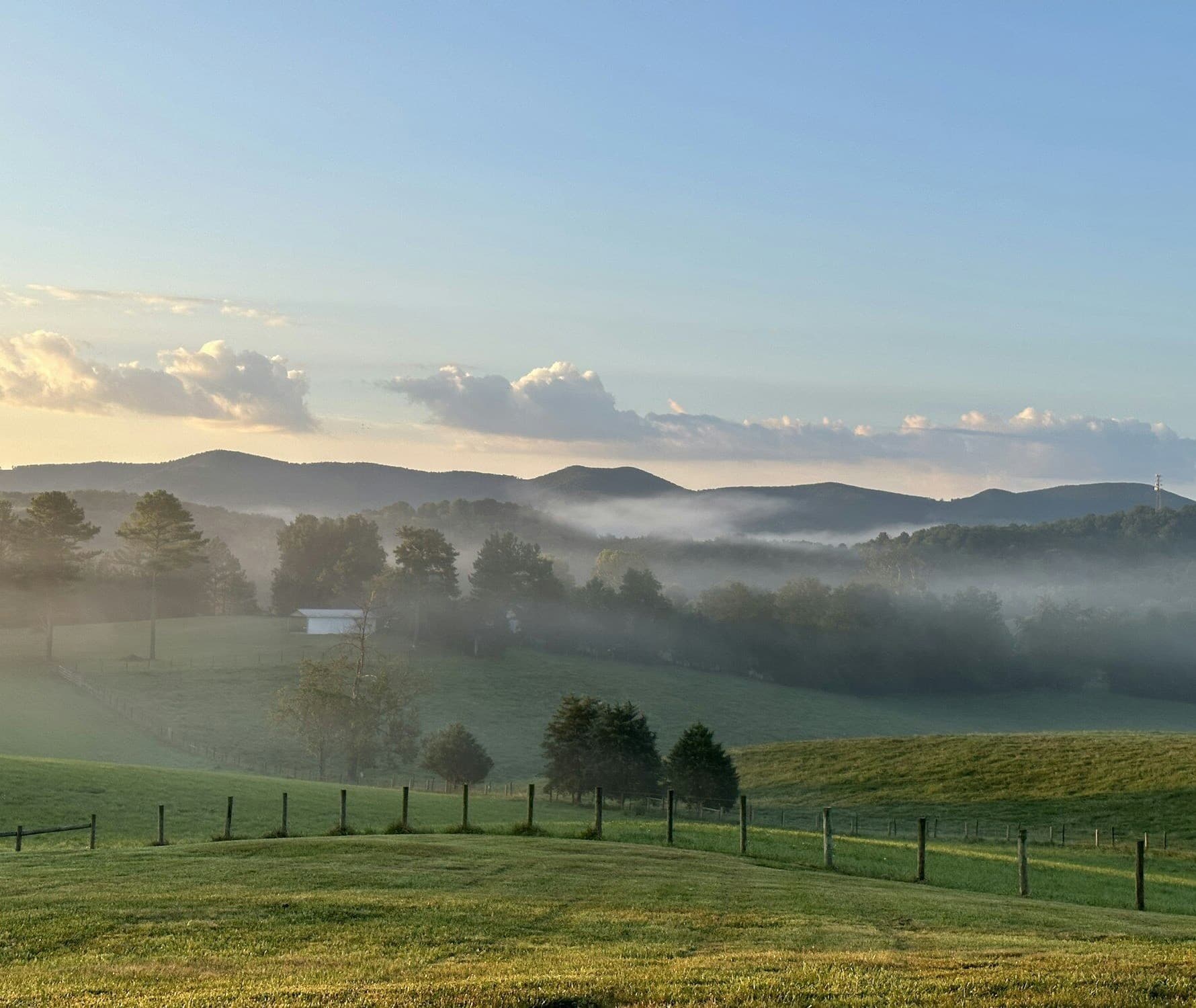 Fenced pasture and wooded ridges under morning mist